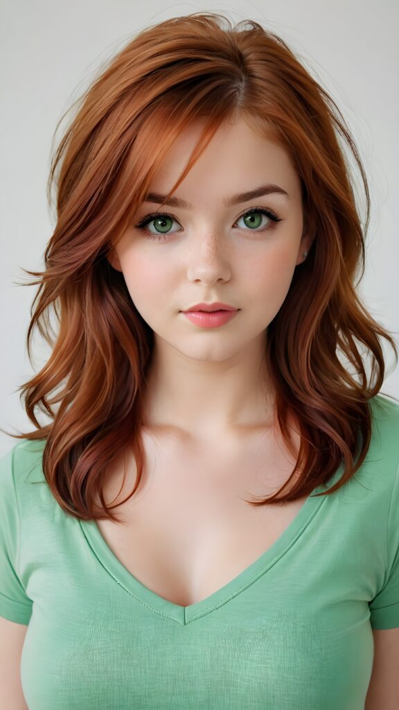 a realistic photo from a cute stunning young red haired teen girl, age 16, round face, and a sexy, womanly curves, she wears a short cropped t-shirt, deep v-neck, open front, soft jet straight hair, light green eyes, full lips