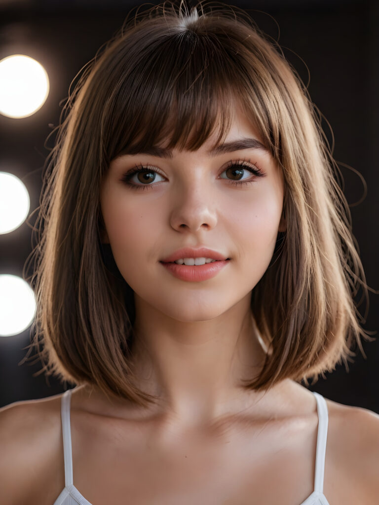 a realistic photo from a beautiful long bob brown haired teen girl, soft straight hair, bangs, realistic detailed close-up shot, skimpy and lightly dressed, full lips, ((dark eyes, her eyes shine)), full, plump lips, white teeth, open mouth