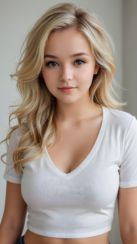 a realistic photo from a cute young busty blond teen girl, age 16, round face, and a sexy, womanly curves, jet soft hair, she wears a short cropped t-shirt, deep v-neck, open front