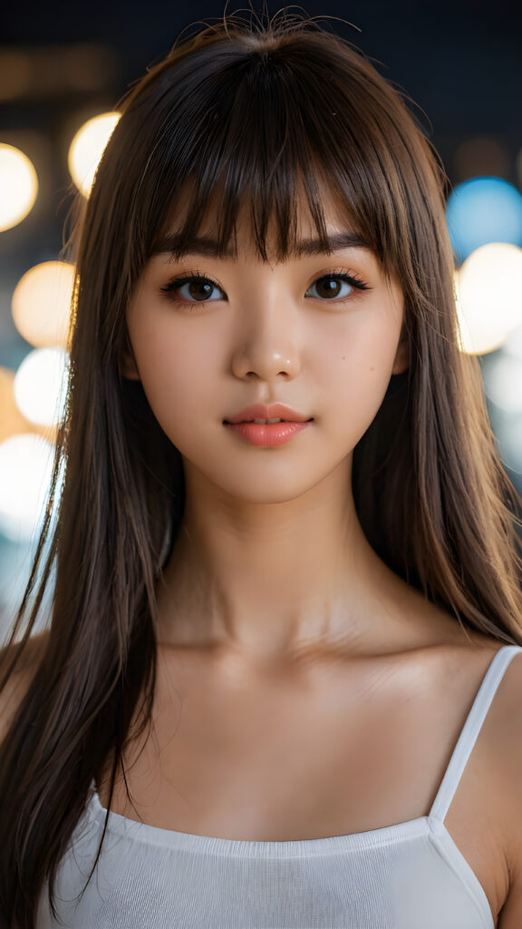 a realistic photo from a beautiful Japanese teen girl, 13 years old, soft straight hair, bangs cut, realistic detailed close-up shot, skimpy and lightly dressed, full lips, ((dark eyes)), full, plump lips, white teeth, open mouth, detailed beautiful shining eyes