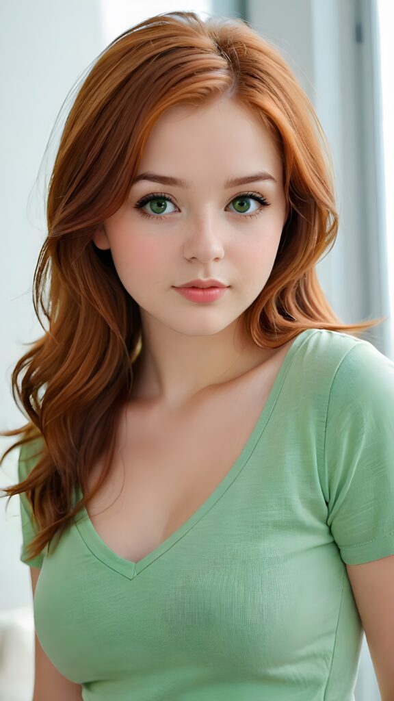 a realistic photo from a cute stunning young red haired teen girl, age 16, round face, and a sexy, womanly curves, she wears a short cropped t-shirt, deep v-neck, open front, soft jet straight hair, light green eyes, full lips