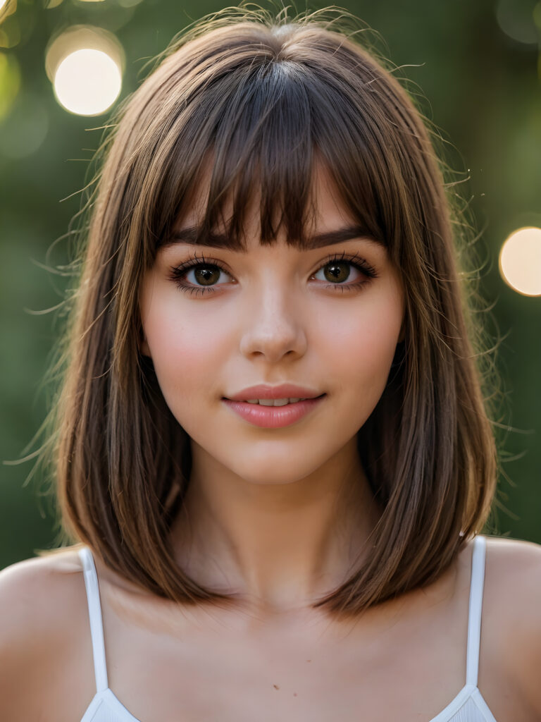 a realistic photo from a beautiful long bob brown haired teen girl, soft straight hair, bangs, realistic detailed close-up shot, skimpy and lightly dressed, full lips, ((dark eyes, her eyes shine)), full, plump lips, white teeth, open mouth