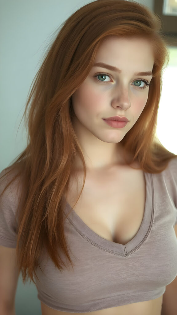 a realistic photo from a cute stunning young red haired teen girl, age 16, round face, and a sexy, womanly curves, she wears a short cropped t-shirt, deep v-neck, open front, soft jet straight hair, light green eyes, full lips