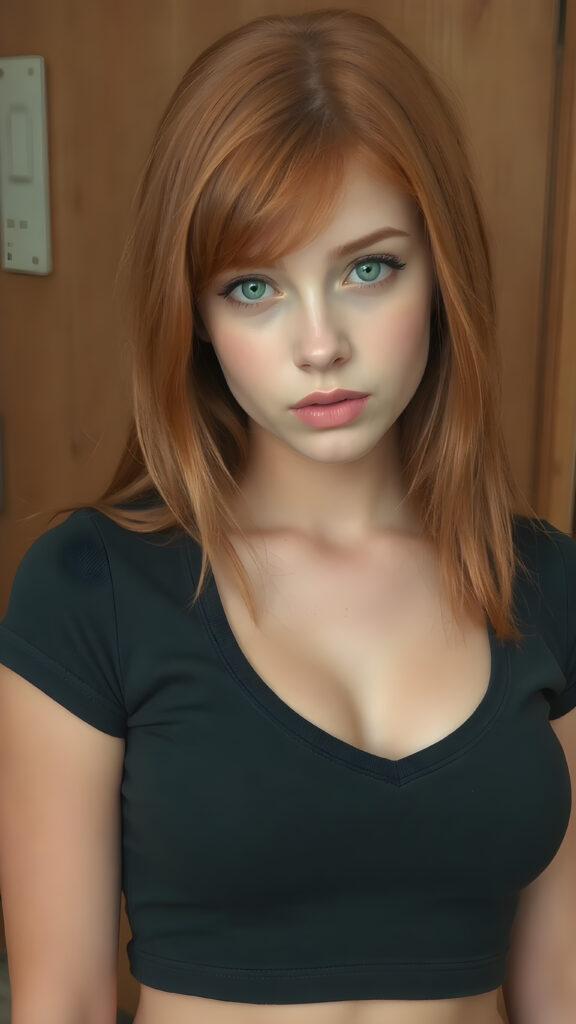 a realistic photo from a cute stunning young red haired teen girl, age 16, round face, and a sexy, womanly curves, she wears a short cropped t-shirt, deep v-neck, open front, soft jet straight hair, light green eyes, full lips