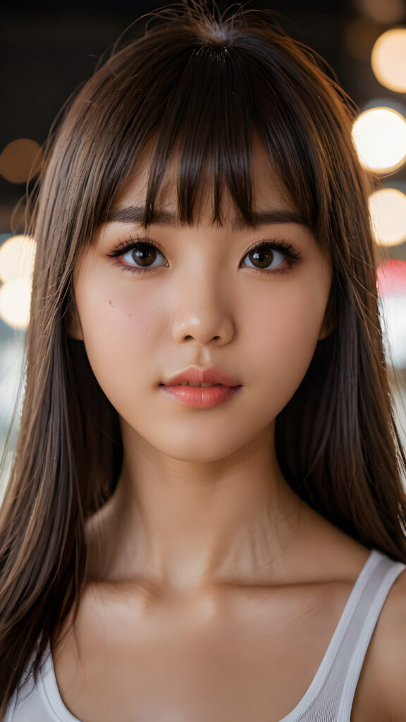 a realistic photo from a beautiful Japanese teen girl, 13 years old, soft straight hair, bangs cut, realistic detailed close-up shot, skimpy and lightly dressed, full lips, ((dark eyes)), full, plump lips, white teeth, open mouth, detailed beautiful shining eyes