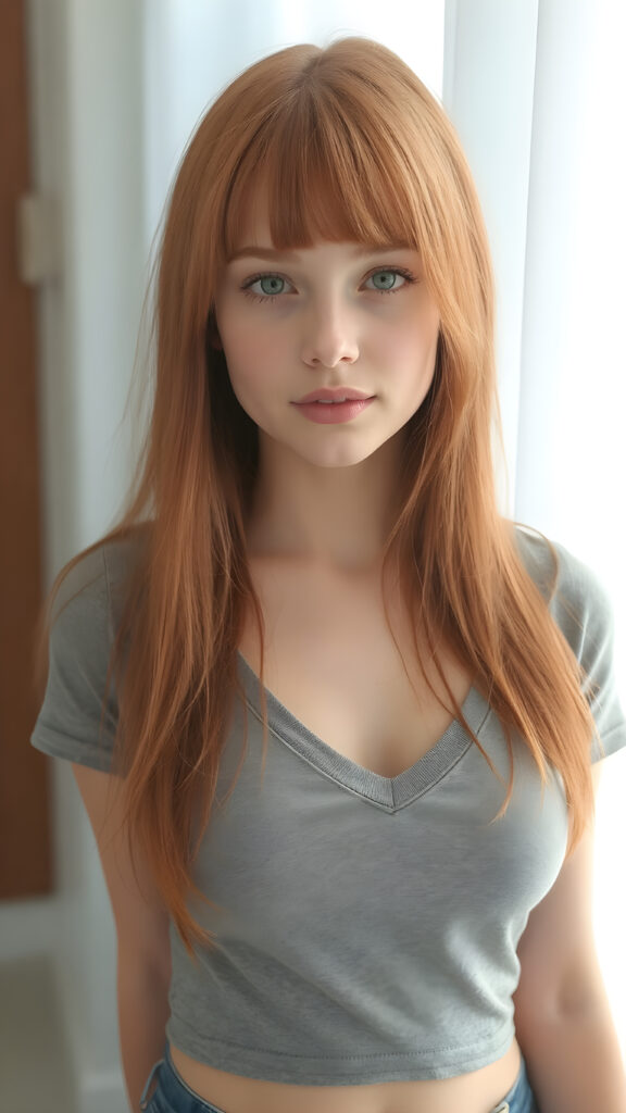 a realistic photo from a cute stunning young red haired teen girl, age 16, round face, and a sexy, womanly curves, she wears a short cropped t-shirt, deep v-neck, open front, soft jet straight hair, light green eyes, full lips