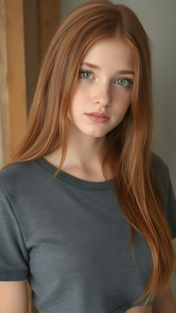 a realistic photo from a cute stunning young red haired teen girl, age 16, round face, and a sexy, womanly curves, she wears a short cropped t-shirt, deep v-neck, open front, soft jet straight hair, light green eyes, full lips