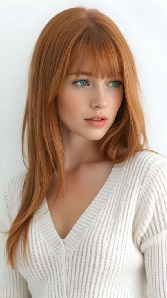 a realistic portrait photo, upper body ((view from the side)), from a cute stunning young red haired well busty teen girl, round face, and a sexy womanly curves, she wears a white sweater made of fine wool, deep v-neck, open front, soft jet straight hair, light green eyes, full lips