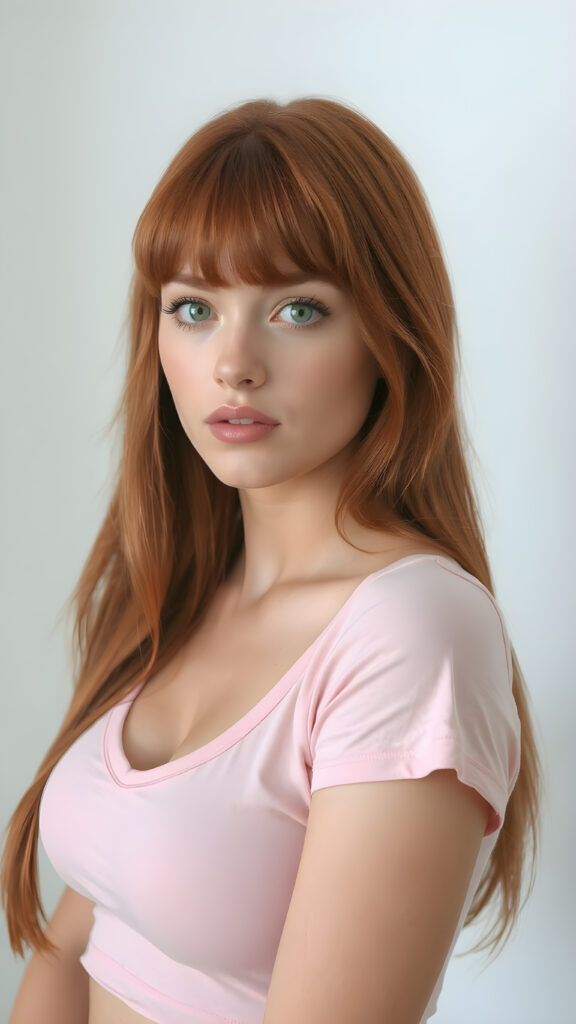 a realistic side portrait photo, upper body ((view from the side)), (1:3), from a cute stunning young red haired teen girl, round face, and a sexy womanly curves, she wears a short cropped t-shirt, deep v-neck, open front, soft jet straight hair, light green eyes, full lips