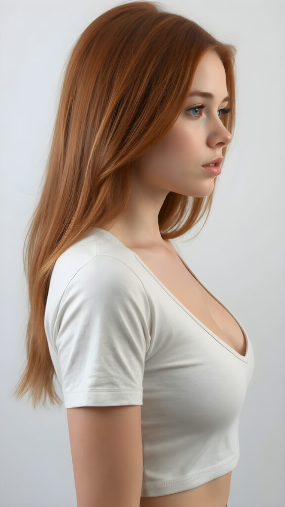 a realistic side portrait photo, upper body ((view from the side)), (1:3), from a cute stunning young red haired teen girl, round face, and a sexy womanly curves, she wears a short cropped t-shirt, deep v-neck, open front, soft jet straight hair, light green eyes, full lips