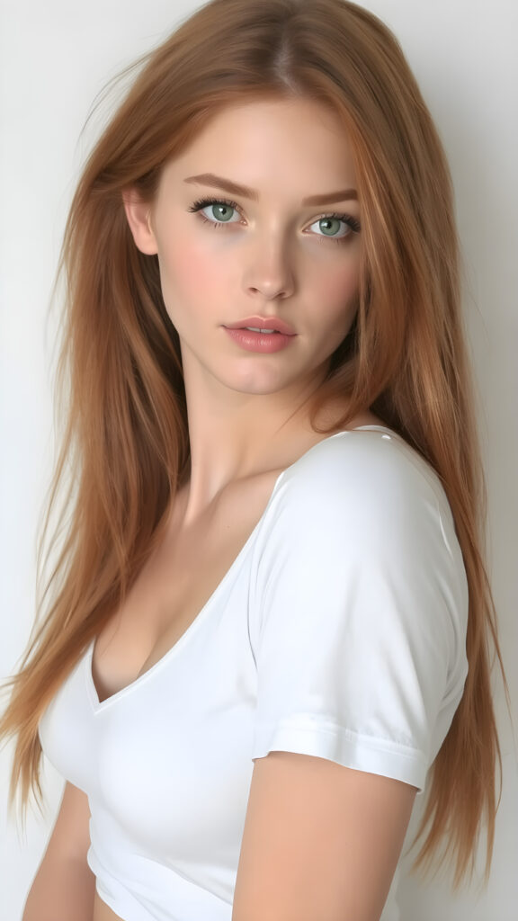 a realistic side portrait photo, upper body ((view from the side)), (1:3), from a cute stunning young red haired teen girl, round face, and a sexy womanly curves, she wears a short cropped t-shirt, deep v-neck, open front, soft jet straight hair, light green eyes, full lips