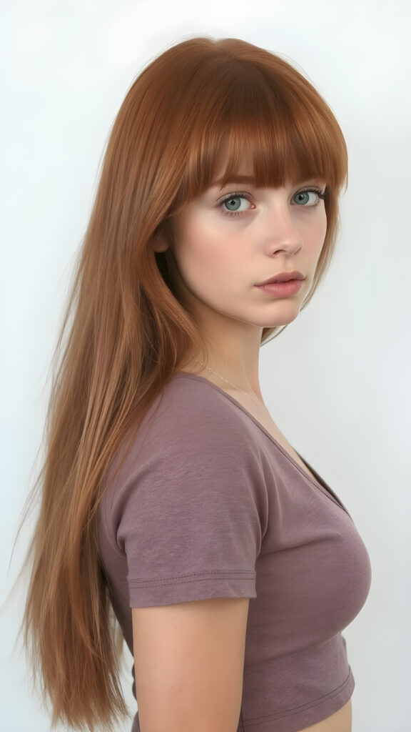 a realistic side portrait photo, upper body ((view from the side)), (1:3), from a cute stunning young red haired teen girl, round face, and a sexy womanly curves, she wears a short cropped t-shirt, deep v-neck, open front, soft jet straight hair, light green eyes, full lips