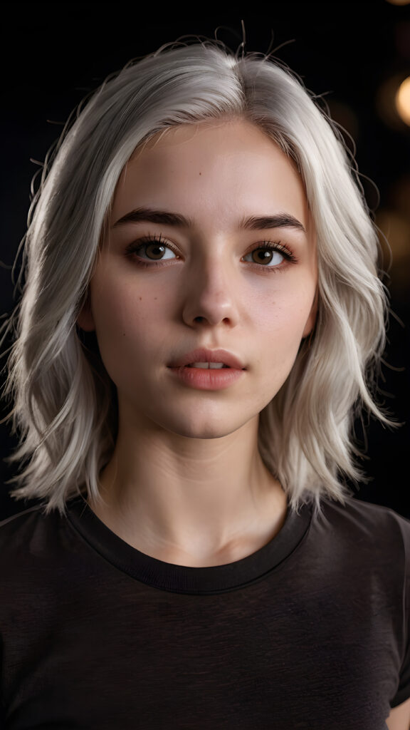 a realistic teen girl with pale grey hair, wears a brown t-shirt, dark black background, looks sleepily into the camera and has his mouth slightly open. She has full lips. Perfect curtved body.