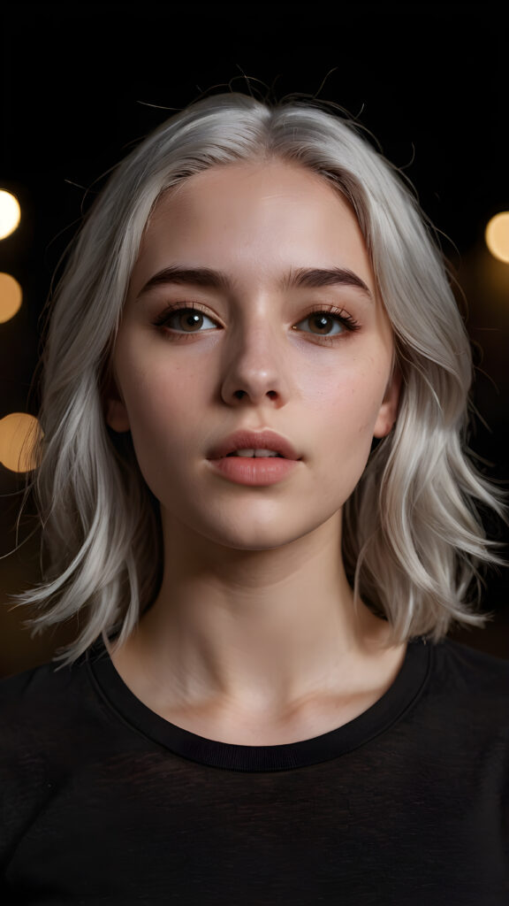 a realistic teen girl with pale grey hair, wears a brown t-shirt, dark black background, looks sleepily into the camera and has his mouth slightly open. She has full lips. Perfect curtved body.