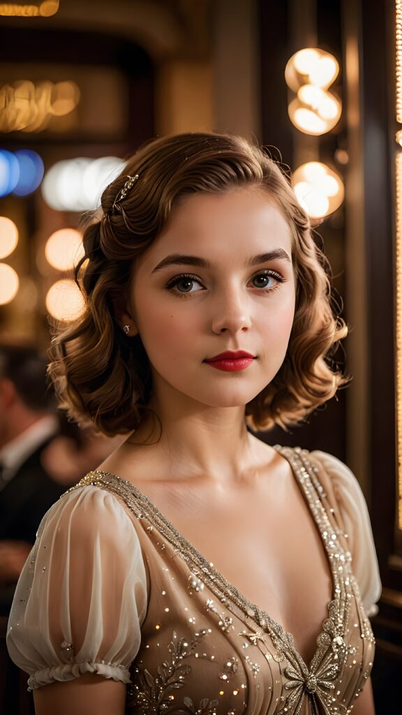 a (((realistically gorgeous young lady))) from the 1930s era, elegantly dressed in a classic style, with a soft focus filter that gives her a vintage air, under luxurious (((cinematic lights))), exuding an air of timeless beauty and sophistication