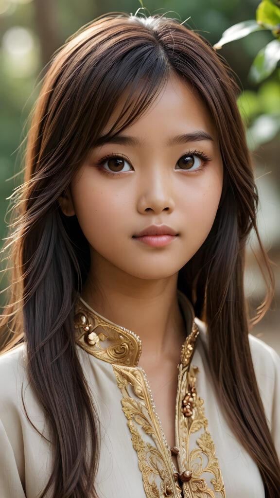 a (((realistically drawn portrayal))) of a (((beautifully elegant young Burmese girl))), aged 15, with ((long, straight, hazelnut super soft hair)) framing a (((stunningly realistic, detailed face))), characterized by intricate features like (((round hazelnut eyes))), cut bangs, and a softly down turned mouth, captured in a (((side perspective, perfect body))), her expression suggestive of melancholy