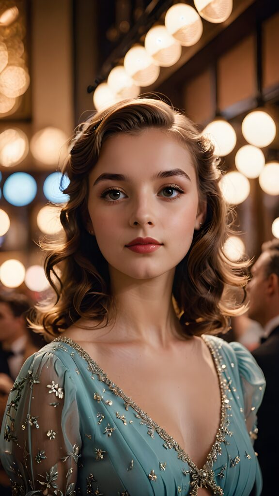 a (((realistically gorgeous young lady))) from the 1940s era, elegantly dressed in a classic style, with a soft focus filter that gives her a vintage air, under luxurious (((cinematic lights))), exuding an air of timeless beauty and sophistication