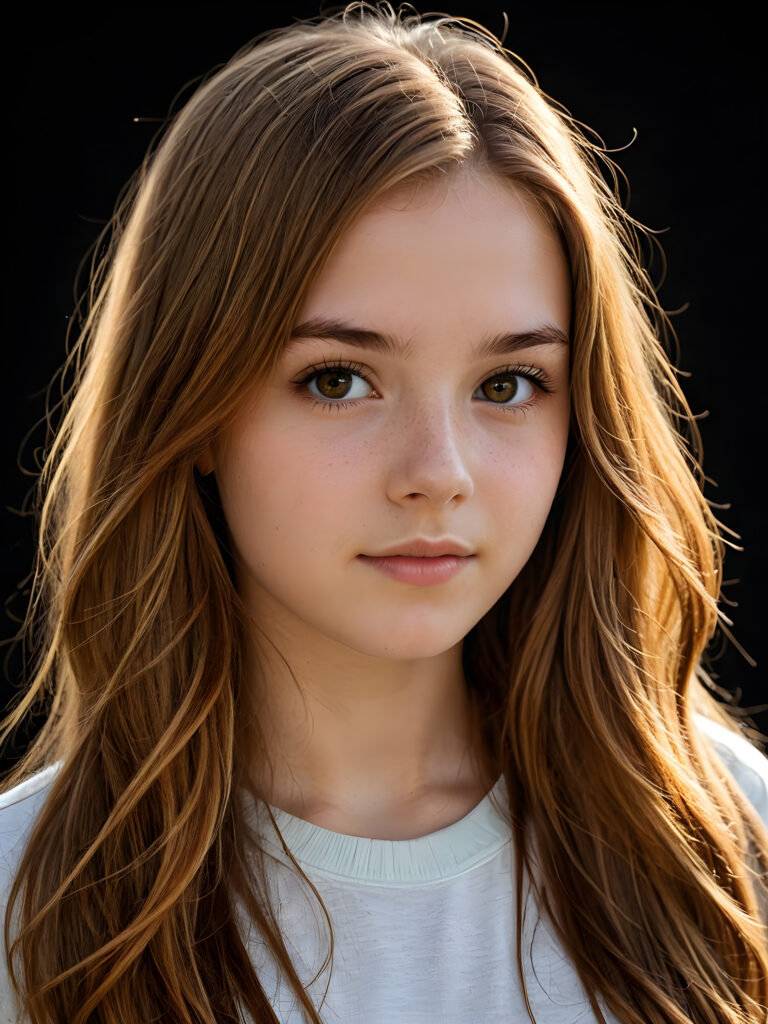 a (((realistically teenage girl, 15 years old))) with highly detailed, expressive eyes and a beautifully drawn face, framed by (((soft, flowing straight amber hair))), illuminated by (cinematic, highlights) in a (close-up shot), exuding an air of innocent, wholesomeness, perfect shadow and light, ((black background))