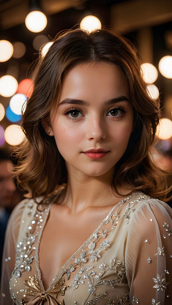 a (((realistically gorgeous young lady))) from the 1970s era, elegantly dressed in a classic style, with a soft focus filter that gives her a vintage air, under luxurious (((cinematic lights))), exuding an air of timeless beauty and sophistication