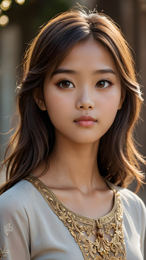 a (((realistically drawn portrayal))) of a (((beautifully elegant young Burmese girl))), aged 15, with ((long, straight, hazelnut super soft hair)) framing a (((stunningly realistic, detailed face))), characterized by intricate features like (((round hazelnut eyes))), cut bangs, and a softly down turned mouth, captured in a (((side perspective, perfect body))), her expression suggestive of melancholy