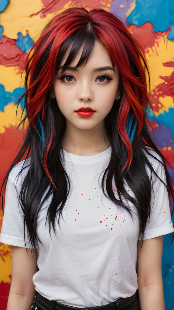 a (((realistically modelled, highly detailed))) (((close-up portrait))), with ((skin complexion)), (((straight hair))), and (((red lips))), capturing a (((cute emo girl aesthetic))) with a (((super long, messy, big hair))), framed by a (((vividly colorful, highly detailed backdrop))) that gives off a (((sunny, psychedelic glow))), suggestive of a (dreamy, cloudy, romantic setting)