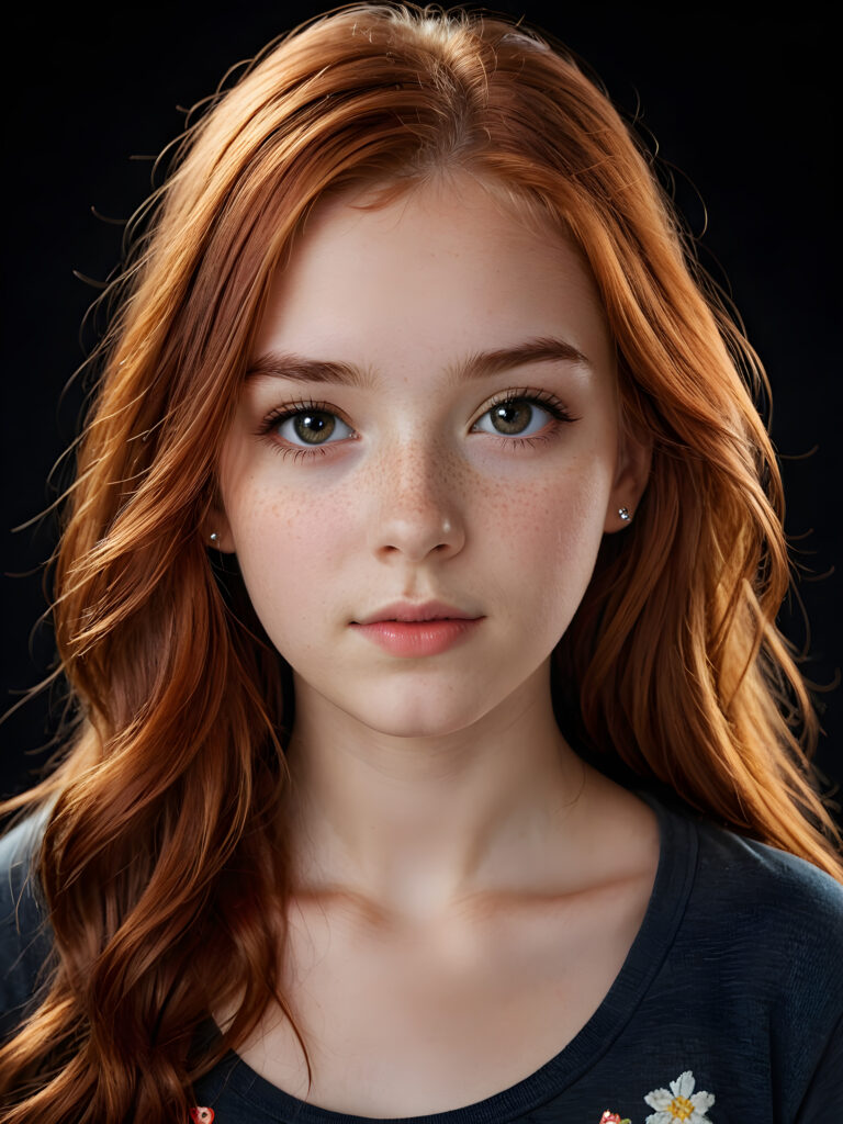 a (((realistically teenage girl, 15 years old))) with highly detailed, expressive eyes and a beautifully drawn face, framed by (((soft, flowing straight red hair))), illuminated by (cinematic, highlights) in a (close-up shot), exuding an air of innocent, wholesomeness, perfect shadow and light, ((black background))