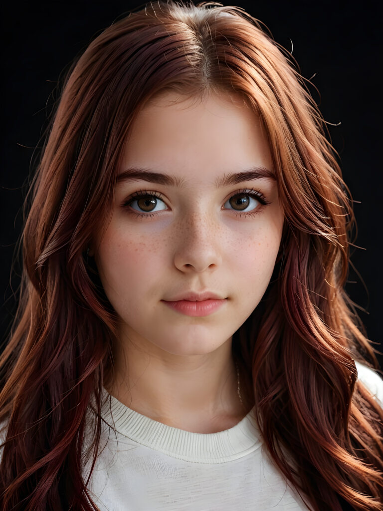 a (((realistically teenage girl, 15 years old))) with highly detailed, expressive eyes and a beautifully drawn face, framed by (((soft, flowing straight maroon hair))), illuminated by (cinematic, highlights) in a (close-up shot), exuding an air of innocent, wholesomeness, perfect shadow and light, ((black background))