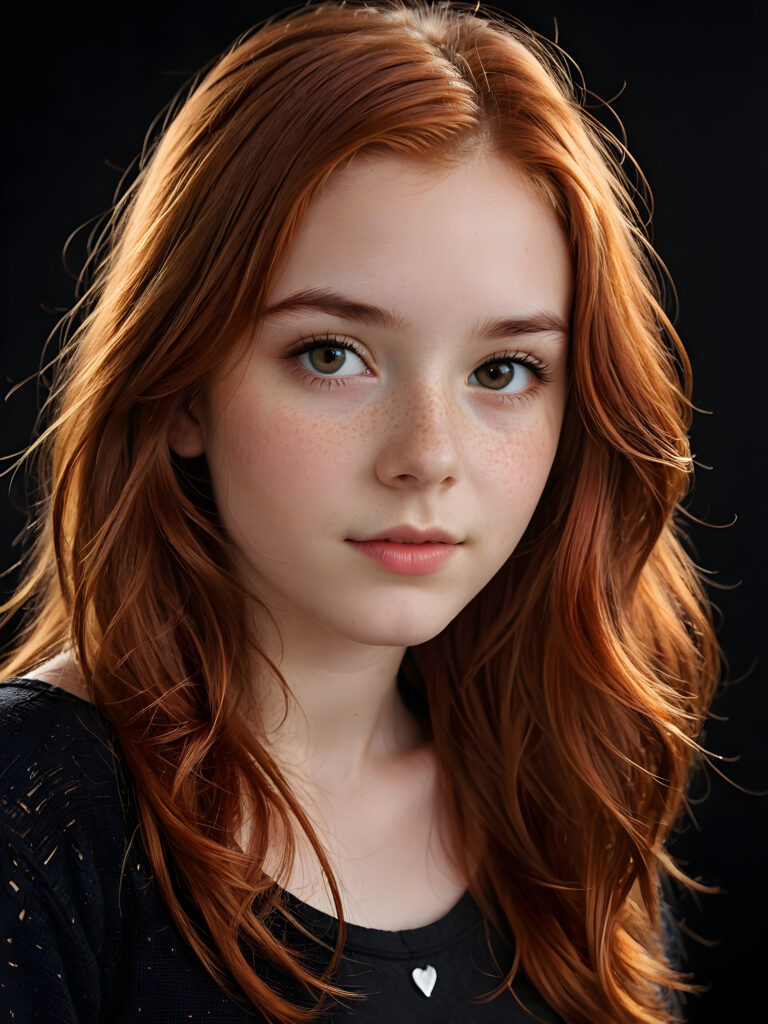 a (((realistically teenage girl, 15 years old))) with highly detailed, expressive eyes and a beautifully drawn face, framed by (((soft, flowing straight red hair))), illuminated by (cinematic, highlights) in a (close-up shot), exuding an air of innocent, wholesomeness, perfect shadow and light, ((black background))