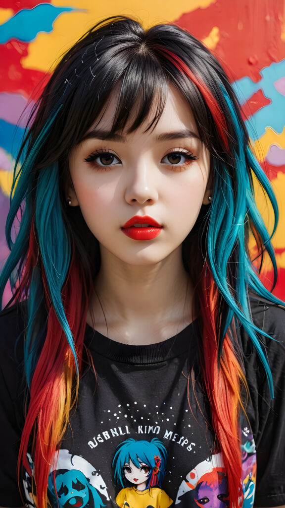 a (((realistically modelled, highly detailed))) (((close-up portrait))), with ((skin complexion)), (((straight hair))), and (((red lips))), capturing a (((cute emo girl aesthetic))) with a (((super long, messy, big hair))), framed by a (((vividly colorful, highly detailed backdrop))) that gives off a (((sunny, psychedelic glow))), suggestive of a (dreamy, cloudy, romantic setting)