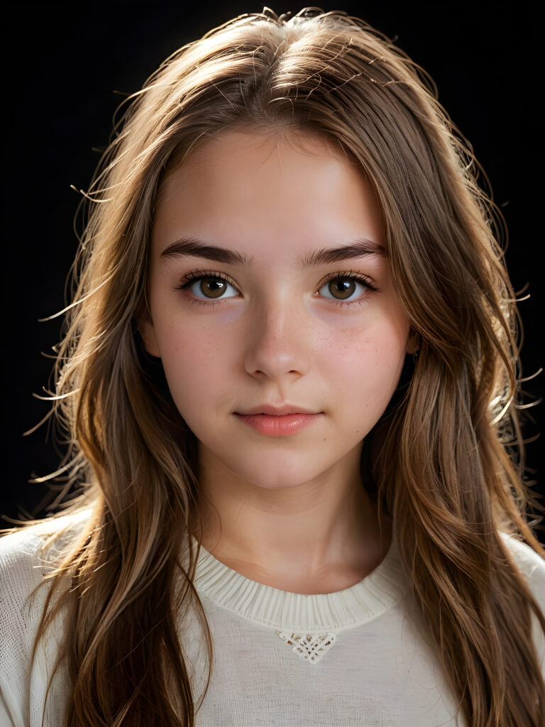 a (((realistically teenage girl, 15 years old))) with highly detailed, expressive eyes and a beautifully drawn face, framed by (((soft, flowing straight light brown hair))), illuminated by (cinematic, highlights) in a (close-up shot), exuding an air of innocent, wholesomeness, perfect shadow and light, ((black background))