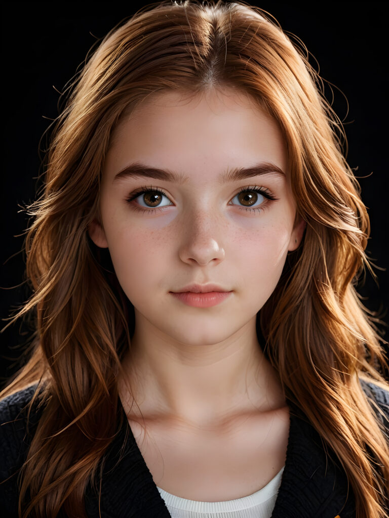 a (((realistically teenage girl, 15 years old))) with highly detailed, expressive eyes and a beautifully drawn face, framed by (((soft, flowing straight auburn hair))), illuminated by (cinematic, highlights) in a (close-up shot), exuding an air of innocent, wholesomeness, perfect shadow and light, ((black background))