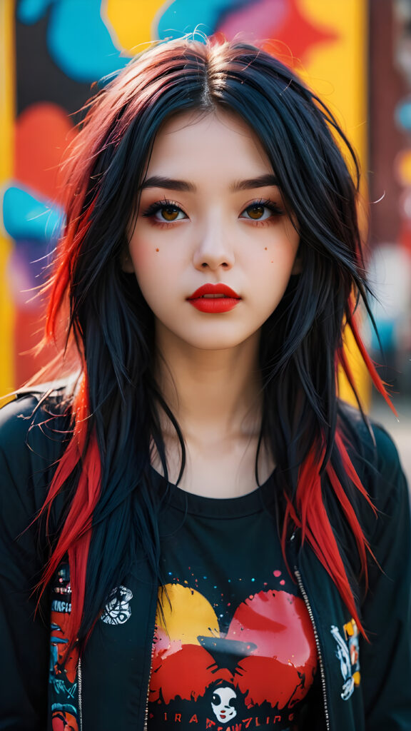 a (((realistically modelled, highly detailed))) (((close-up portrait))), with ((skin complexion)), (((straight hair))), and (((red lips))), capturing a (((cute emo girl aesthetic))) with a (((super long, messy, big hair))), framed by a (((vividly colorful, highly detailed backdrop))) that gives off a (((sunny, psychedelic glow))), suggestive of a (dreamy, cloudy, romantic setting)