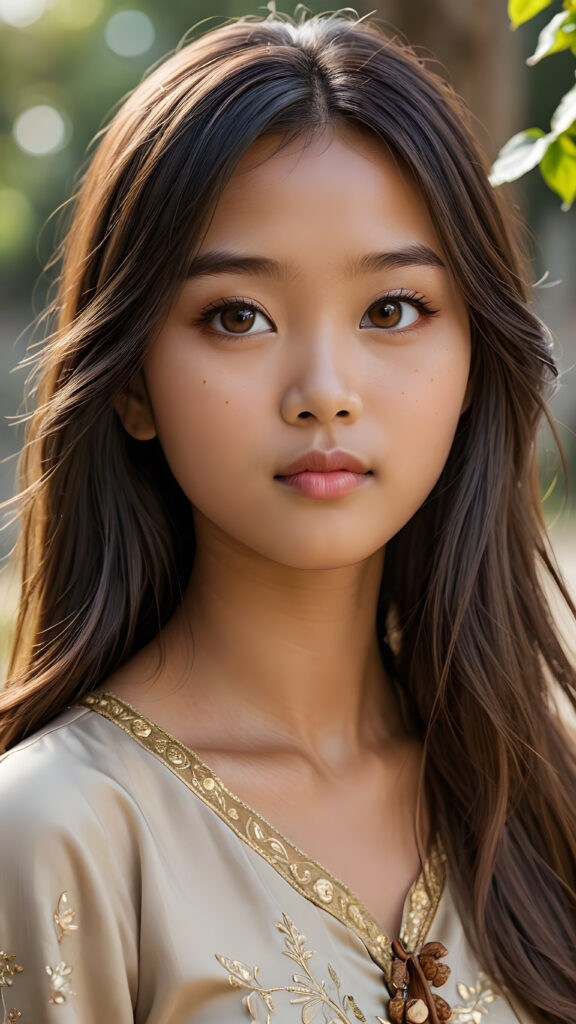 a (((realistically drawn portrayal))) of a (((beautifully elegant young Burmese girl))), aged 15, with ((long, straight, hazelnut super soft hair)) framing a (((stunningly realistic, detailed face))), characterized by intricate features like (((round hazelnut eyes))), cut bangs, and a softly down turned mouth, captured in a (((side perspective, perfect body))), her expression suggestive of melancholy