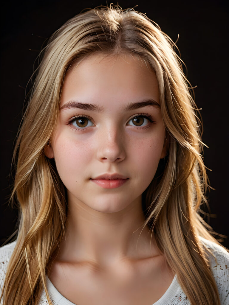 a (((realistically teenage girl, 15 years old))) with highly detailed, expressive eyes and a beautifully drawn face, framed by (((soft, flowing straight brown blonde hair))), illuminated by (cinematic, highlights) in a (close-up shot), exuding an air of innocent, wholesomeness, perfect shadow and light, ((black background))