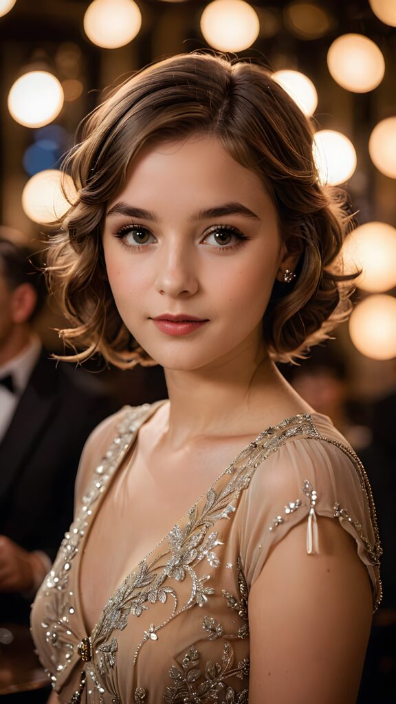 a (((realistically gorgeous young lady))) from the 1920s era, elegantly dressed in a classic style, with a soft focus filter that gives her a vintage air, under luxurious (((cinematic lights))), exuding an air of timeless beauty and sophistication