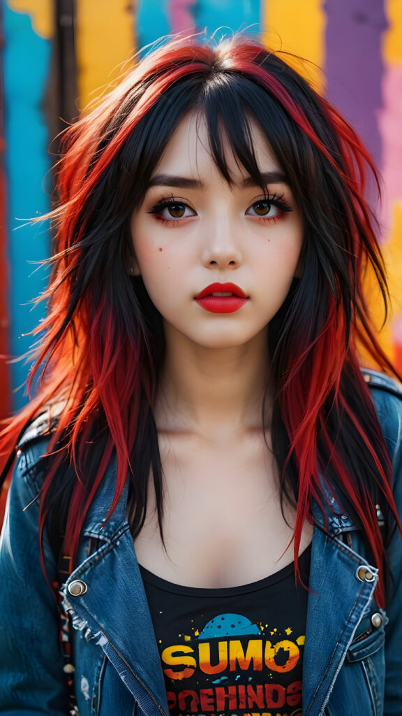 a (((realistically modelled, highly detailed))) (((close-up portrait))), with ((skin complexion)), (((straight hair))), and (((red lips))), capturing a (((cute emo girl aesthetic))) with a (((super long, messy, big hair))), framed by a (((vividly colorful, highly detailed backdrop))) that gives off a (((sunny, psychedelic glow))), suggestive of a (dreamy, cloudy, romantic setting)