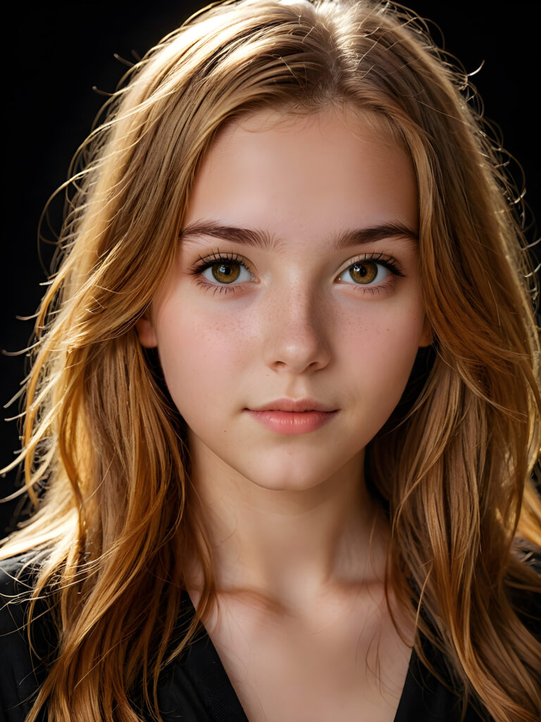 a (((realistically teenage girl, 15 years old))) with highly detailed, expressive eyes and a beautifully drawn face, framed by (((soft, flowing straight amber hair))), illuminated by (cinematic, highlights) in a (close-up shot), exuding an air of innocent, wholesomeness, perfect shadow and light, ((black background))