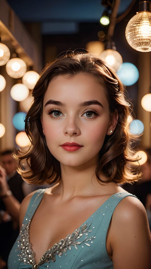 a (((realistically gorgeous young lady))) from the 1950s era, elegantly dressed in a classic style, with a soft focus filter that gives her a vintage air, under luxurious (((cinematic lights))), exuding an air of timeless beauty and sophistication