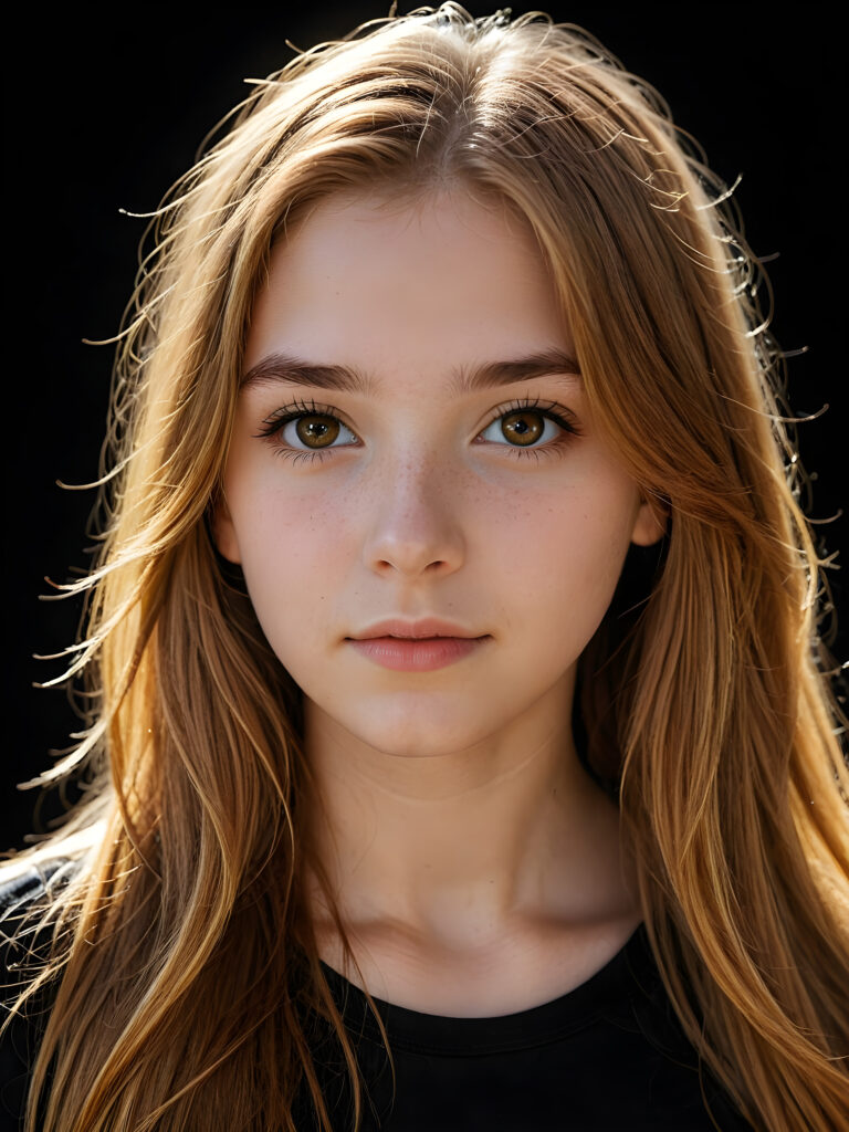 a (((realistically teenage girl, 15 years old))) with highly detailed, expressive eyes and a beautifully drawn face, framed by (((soft, flowing straight amber hair))), illuminated by (cinematic, highlights) in a (close-up shot), exuding an air of innocent, wholesomeness, perfect shadow and light, ((black background))