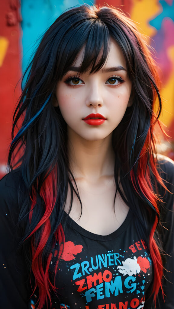 a (((realistically modelled, highly detailed))) (((close-up portrait))), with ((skin complexion)), (((straight hair))), and (((red lips))), capturing a (((cute emo girl aesthetic))) with a (((super long, messy, big hair))), framed by a (((vividly colorful, highly detailed backdrop))) that gives off a (((sunny, psychedelic glow))), suggestive of a (dreamy, cloudy, romantic setting)