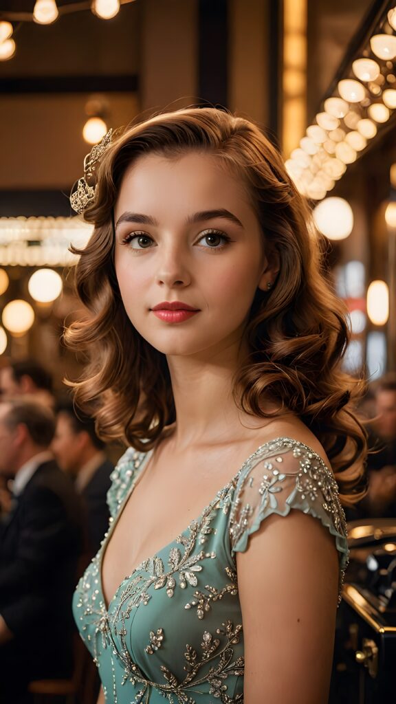 a (((realistically gorgeous young lady))) from the 1940s era, elegantly dressed in a classic style, with a soft focus filter that gives her a vintage air, under luxurious (((cinematic lights))), exuding an air of timeless beauty and sophistication