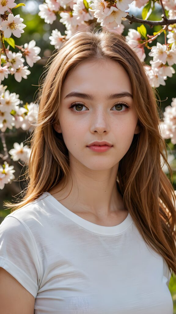 a (((realistically detailed long, straight hazelnut hair)))-haired (((teen girl))) with (((realistically detailed angelic round face))) and (((detailed realistic hazelnut eyes))) looking sadly at the camera in a (((perfectly curved portrait shot))), dressed in a (((super short tight white T-shirt made on thin silk)), exuding an elegant yet playful vibe against the backdrop of (cherry blossoms)