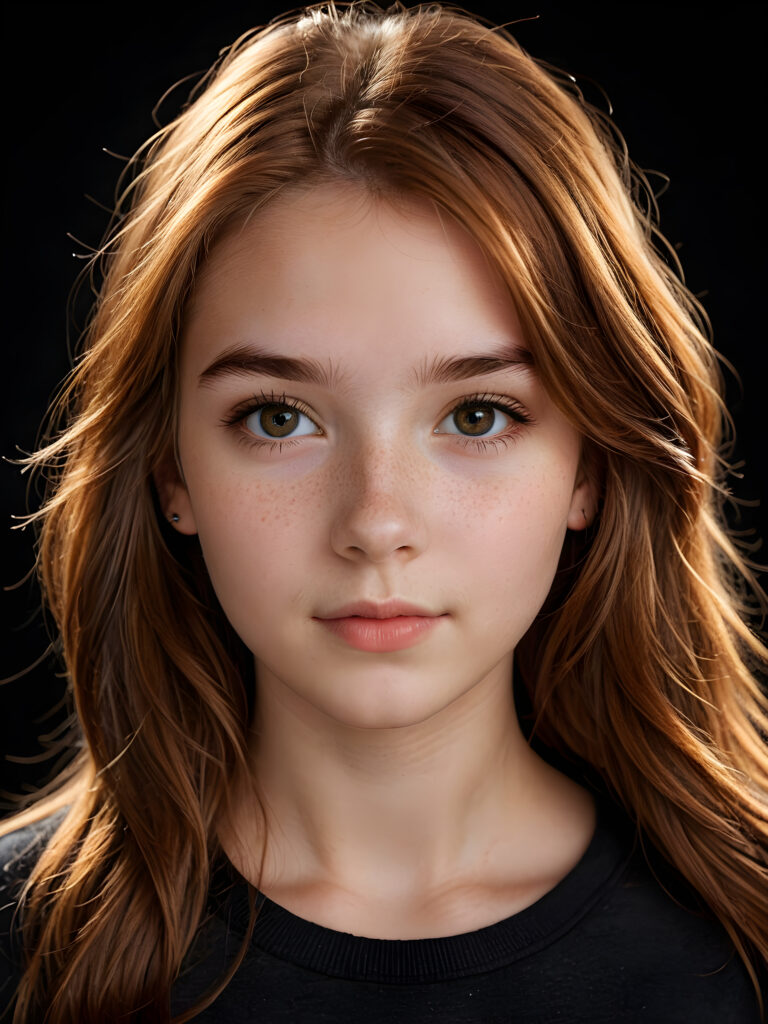 a (((realistically teenage girl, 15 years old))) with highly detailed, expressive eyes and a beautifully drawn face, framed by (((soft, flowing straight auburn hair))), illuminated by (cinematic, highlights) in a (close-up shot), exuding an air of innocent, wholesomeness, perfect shadow and light, ((black background))