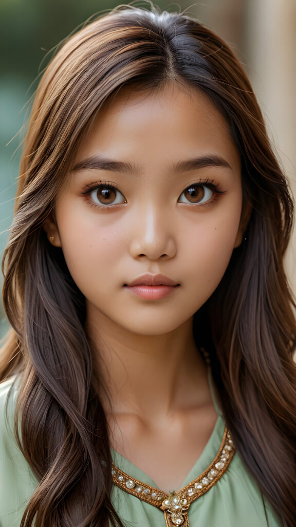 a (((realistically drawn portrayal))) of a (((beautifully elegant young Burmese girl))), aged 15, with ((long, straight, hazelnut super soft hair)) framing a (((stunningly realistic, detailed face))), characterized by intricate features like (((round hazelnut eyes))), cut bangs, and a softly down turned mouth, captured in a (((side perspective, perfect body))), her expression suggestive of melancholy