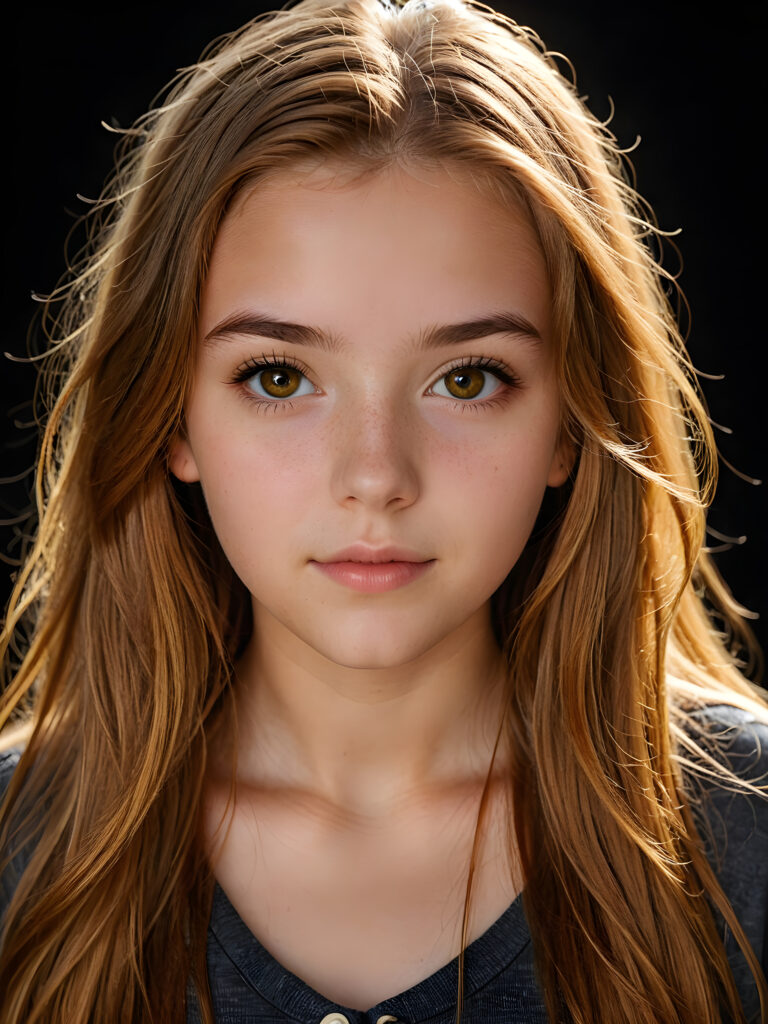 a (((realistically teenage girl, 15 years old))) with highly detailed, expressive eyes and a beautifully drawn face, framed by (((soft, flowing straight amber hair))), illuminated by (cinematic, highlights) in a (close-up shot), exuding an air of innocent, wholesomeness, perfect shadow and light, ((black background))