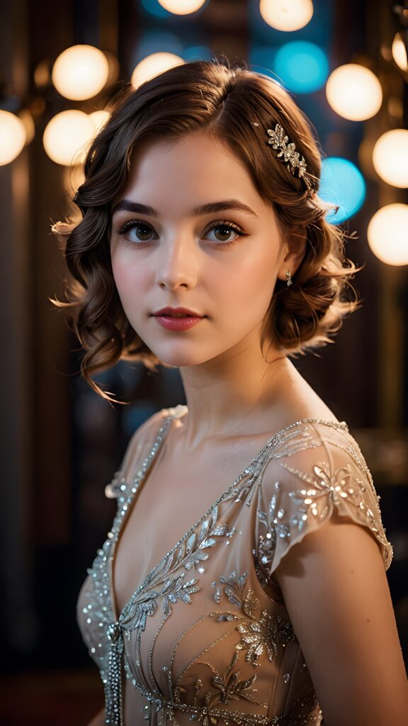 a (((realistically gorgeous young lady))) from the 1920s era, elegantly dressed in a classic style, with a soft focus filter that gives her a vintage air, under luxurious (((cinematic lights))), exuding an air of timeless beauty and sophistication