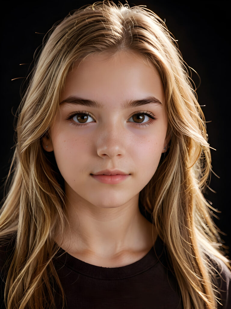 a (((realistically teenage girl, 15 years old))) with highly detailed, expressive eyes and a beautifully drawn face, framed by (((soft, flowing straight brown blonde hair))), illuminated by (cinematic, highlights) in a (close-up shot), exuding an air of innocent, wholesomeness, perfect shadow and light, ((black background))