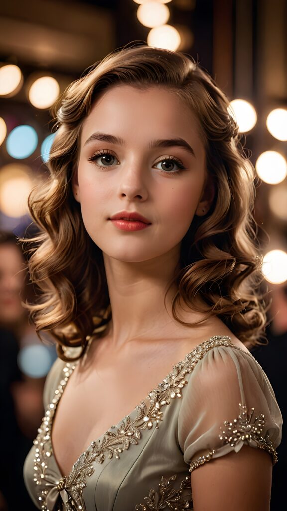 a (((realistically gorgeous young lady))) from the 1940s era, elegantly dressed in a classic style, with a soft focus filter that gives her a vintage air, under luxurious (((cinematic lights))), exuding an air of timeless beauty and sophistication