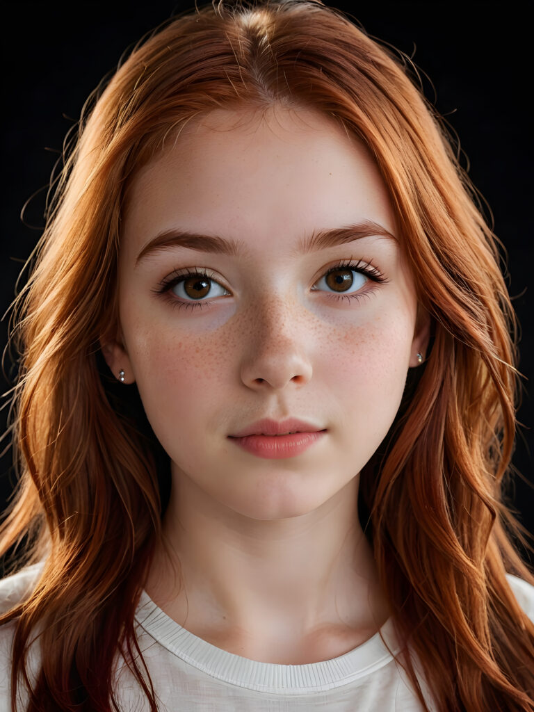 a (((realistically teenage girl, 15 years old))) with highly detailed, expressive eyes and a beautifully drawn face, framed by (((soft, flowing straight red hair))), illuminated by (cinematic, highlights) in a (close-up shot), exuding an air of innocent, wholesomeness, perfect shadow and light, ((black background))