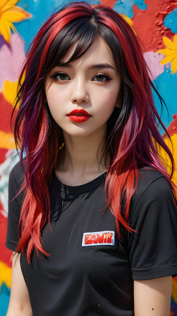 a (((realistically modelled, highly detailed))) (((close-up portrait))), with ((skin complexion)), (((straight hair))), and (((red lips))), capturing a (((cute emo girl aesthetic))) with a (((super long, messy, big hair))), framed by a (((vividly colorful, highly detailed backdrop))) that gives off a (((sunny, psychedelic glow))), suggestive of a (dreamy, cloudy, romantic setting)